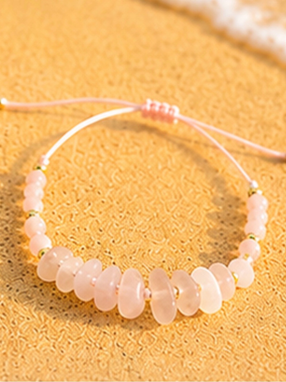Delicate Rose Quartz Bead Bracelet with Gold Accents - Pink